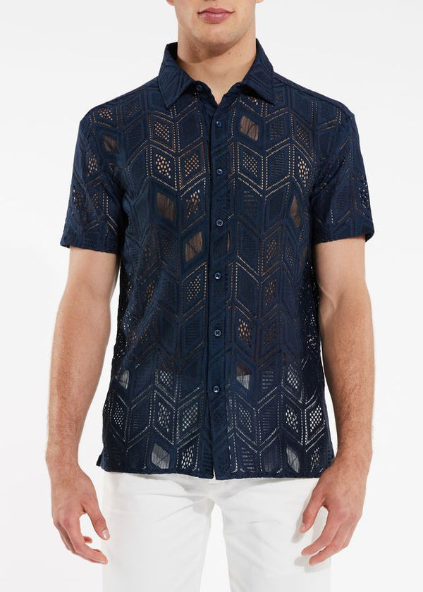 NAVY GEO HERRINGBONE KNIT LACE SHIRT ST-24000-Final Sale