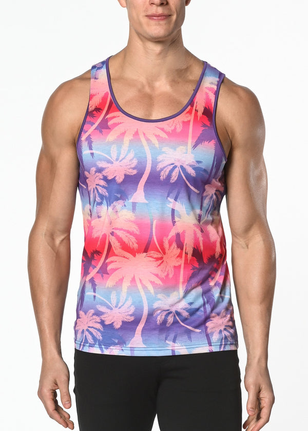 BRICK/PURPLE PALM GRADIENT PRINTED STRETCH JERSEY KNIT TANK TOP ST-462