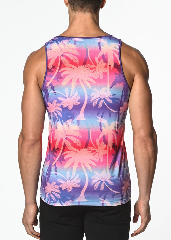 BRICK/PURPLE PALM GRADIENT PRINTED STRETCH JERSEY KNIT TANK TOP ST-462