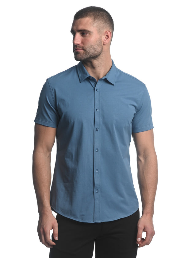 DOLPHIN BLUE SOLID STRETCH JERSEY KNIT SHORT SLEEVE SHIRT ST-963