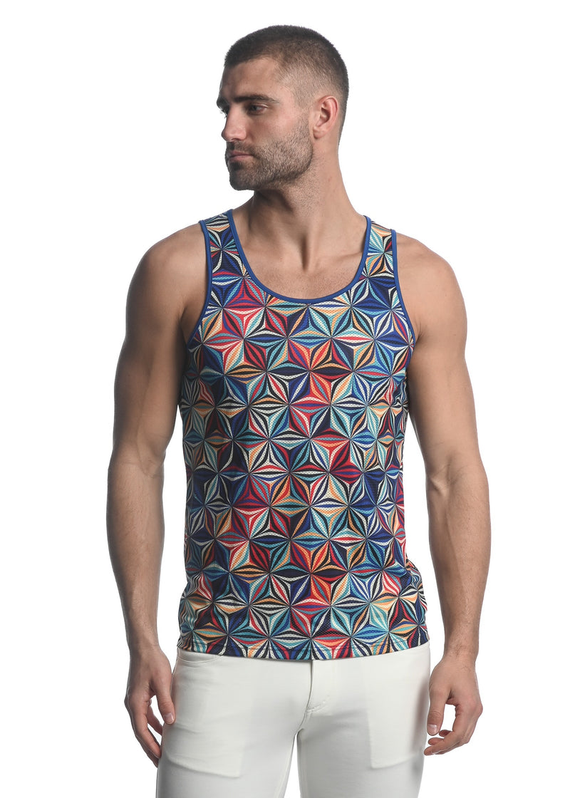 ROYAL BLUE/ GOLD ABSTRACT PRINTED STRETCH MESH SINGLET ST-11082