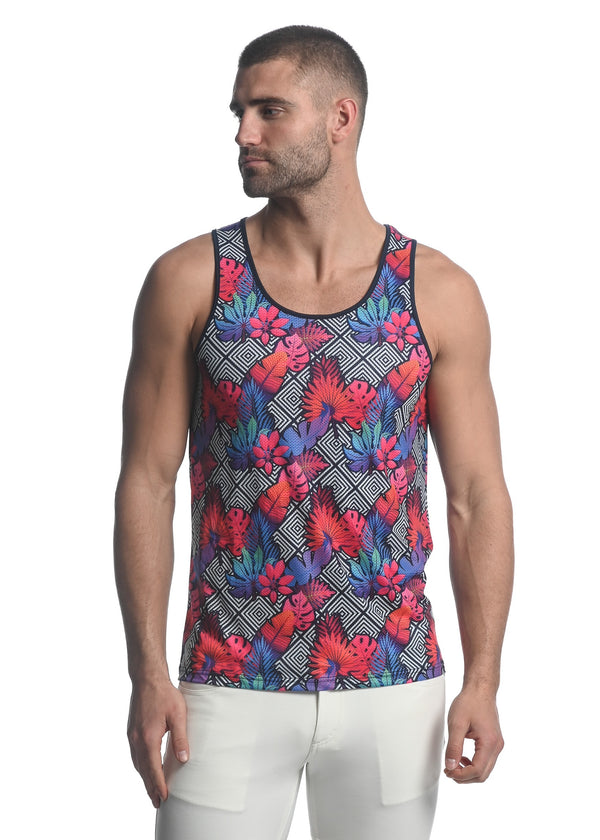 FUCHSIA/NAVY DIAMOND TROPICS PRINTED STRETCH MESH SINGLET  ST-11083