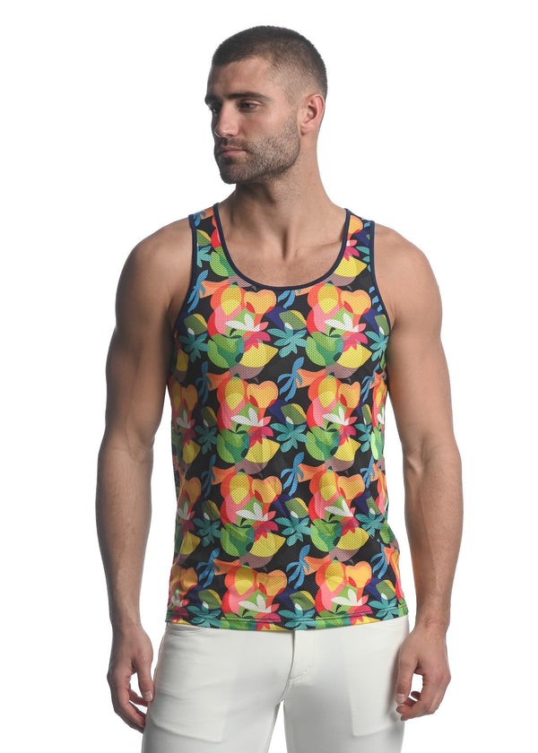 RAINBOW ABSTRACT TROPICS PRINTED STRETCH MESH SINGLET ST-11084