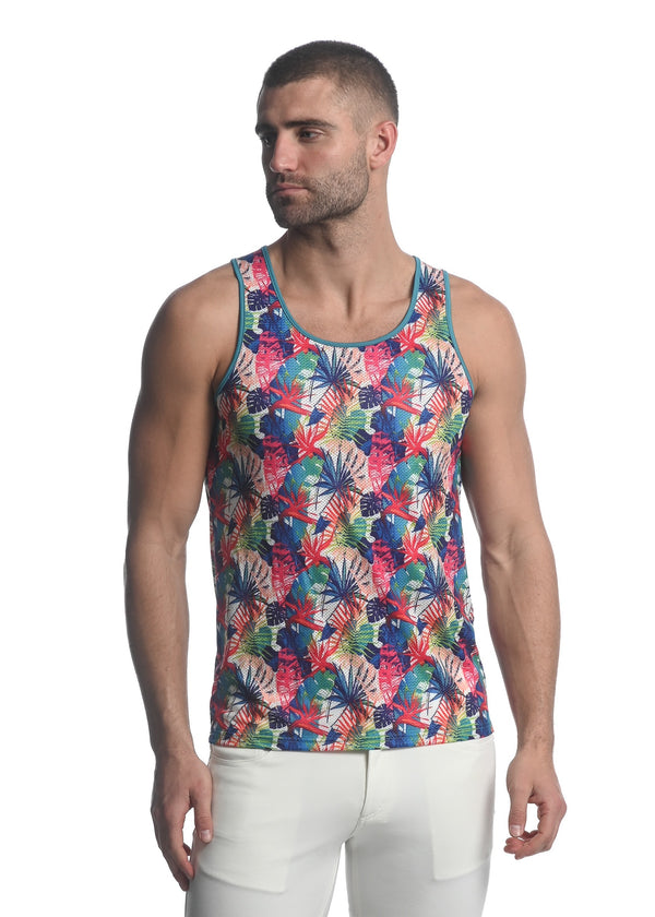 TEAL / FUCHSIA TROPICS PRINTED STRETCH MESH SINGLET ST-11085