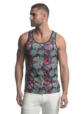 RAINBOW JUNGLE ABSTRACT PRINTED STRETCH MESH SINGLET ST-11087