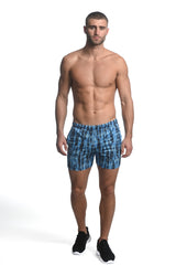 NAVY/ SKY ABSTRACT PRINTED STRETCH MESH PERFORMANCE SHORTS  ST-1466-86