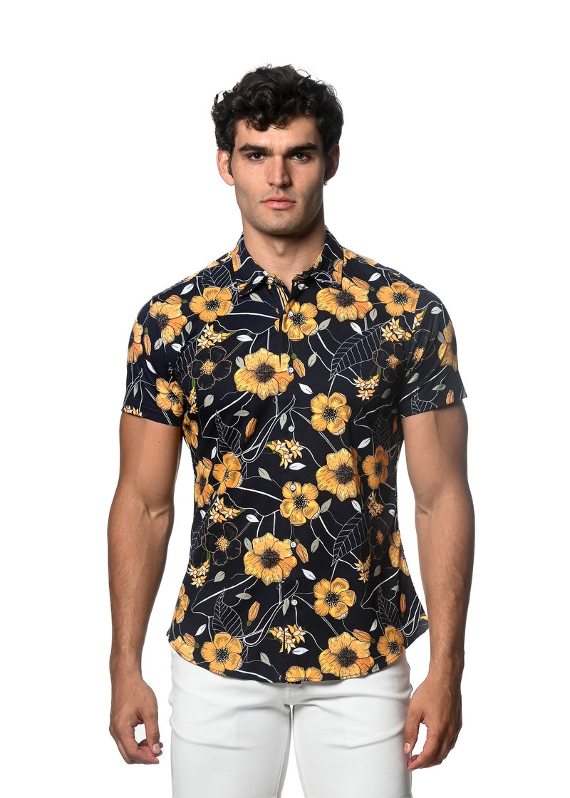 MIDNIGHT/GOLD FLORAL PRINTED KNIT JERSEY SHORT SLEEVE SHIRT SEAMLESS PATTERN ST-9295