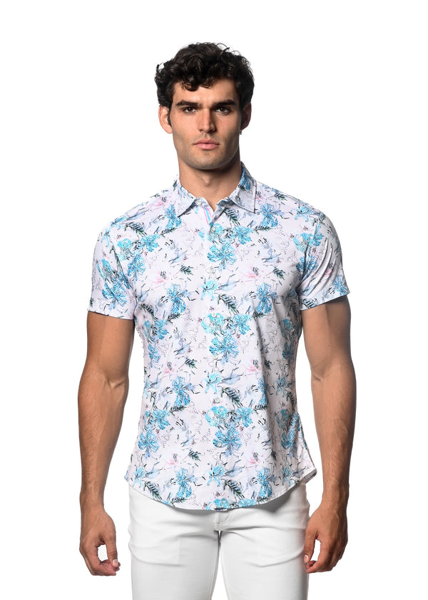 BLUE/BLUSH ORCHIDS PRINTED KNIT JERSEY SHORT SLEEVE SHIRT SEAMLESS PATTERN ST-9293