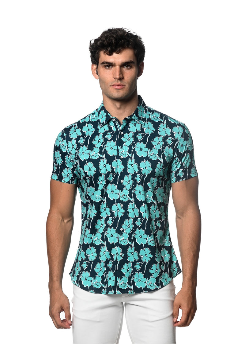 TEAL/SURF FLORAL PRINTED KNIT JERSEY SHORT SLEEVE SHIRT SEAMLESS PATTERN ST-9306