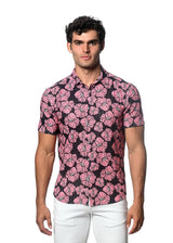 PINK/ BLACK FLORAL PRINTED OPEN KNIT STRETCH SHORT SLEEVE SHIRT ST-48056