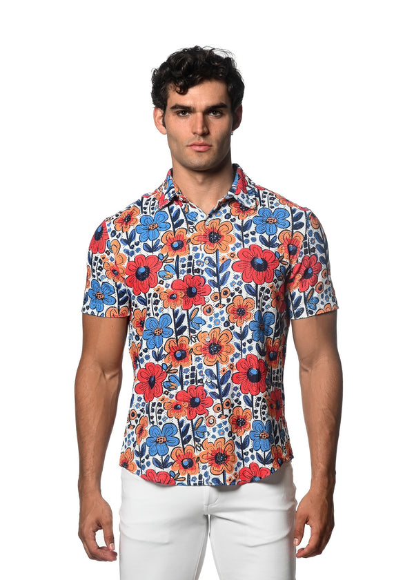 RED/ BLUE FLORAL PRINTED OPEN KNIT STRETCH SHORT SLEEVE SHIRT ST-48059