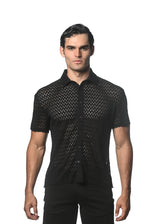 BLACK WAVE MESH GOSSAMER STRETCH KNIT SHORT SLEEVE SHIRT ST-24042