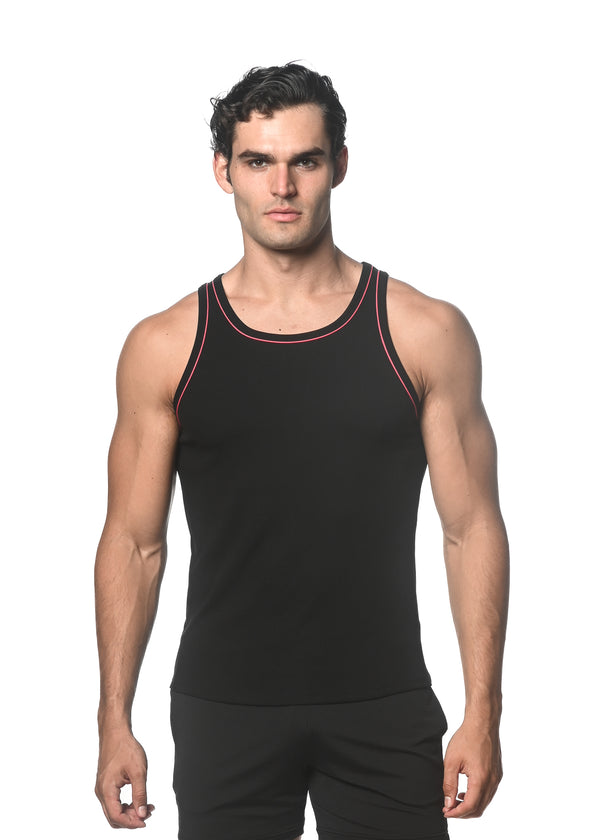 BLACK/CORAL COTTON/TENCEL RIB TANK TOP W/CONTRAST PIPING STA-16009