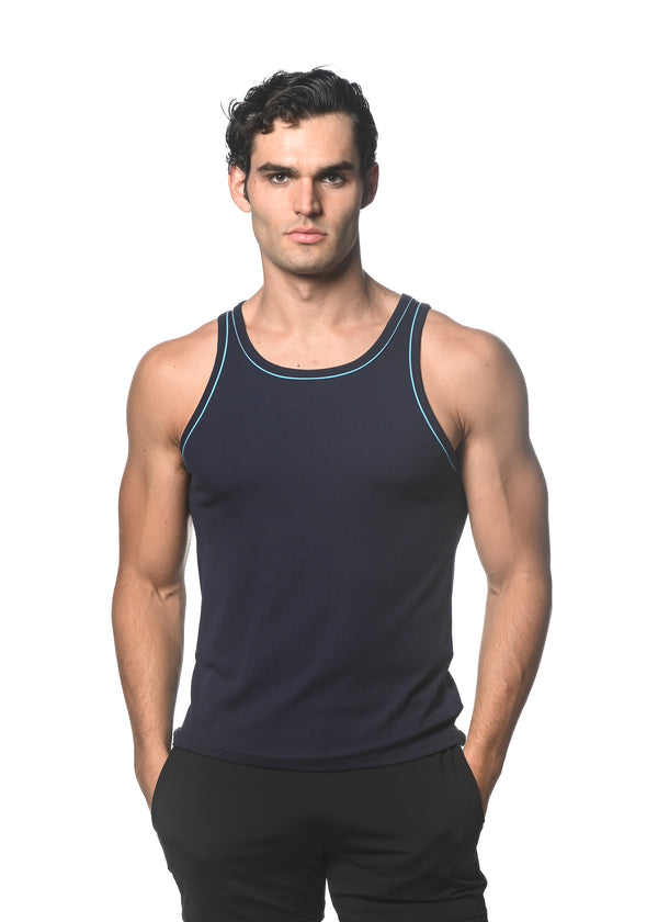 NAVY/TEAL COTTON/TENCEL RIB TANK TOP W/CONTRAST PIPING STA-16009