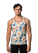 BLUE/GOLD DAISIES PRINTED STRETCH MESH SINGLET ST-11090