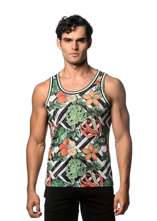 SPRUCE/SIENNA FAUNA PRINTED STRETCH MESH SINGLET ST-11096