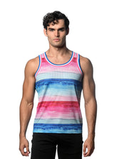 FUCHSIA/COBALT STRIPES PRINTED STRETCH MESH SINGLET ST-11097