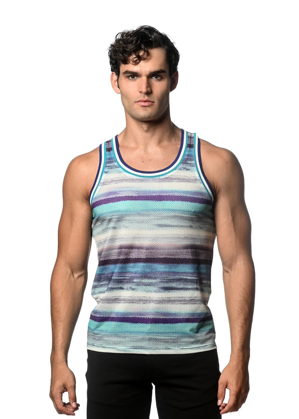 TEAL/BLUE STRIPES PRINTED STRETCH MESH SINGLET ST-11098