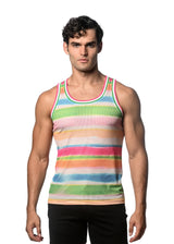 GREEN/CANDY STRIPES PRINTED STRETCH MESH SINGLET ST-11099