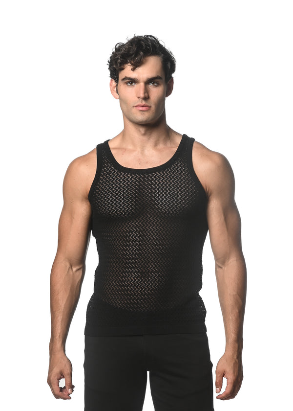 BLACK CHEVRON TEXTURED OPEN MESH KNITTED TANK ST-24034