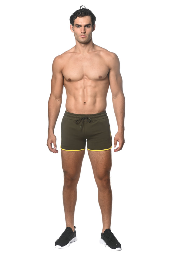 OLIVE/YELLOW SPRINTER 3.5 INSEAM GYM SHORT W/CONTRAST ZIPPER STA-10505-01