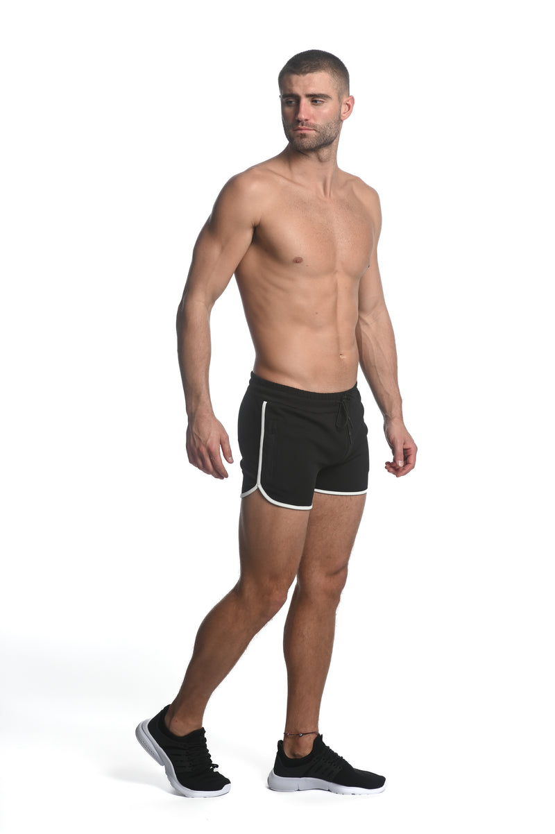 BLACK SPRINTER 3.5" INSEAM STRETCH GYM SHORTS W/ HEAT WELD ZIPPERS