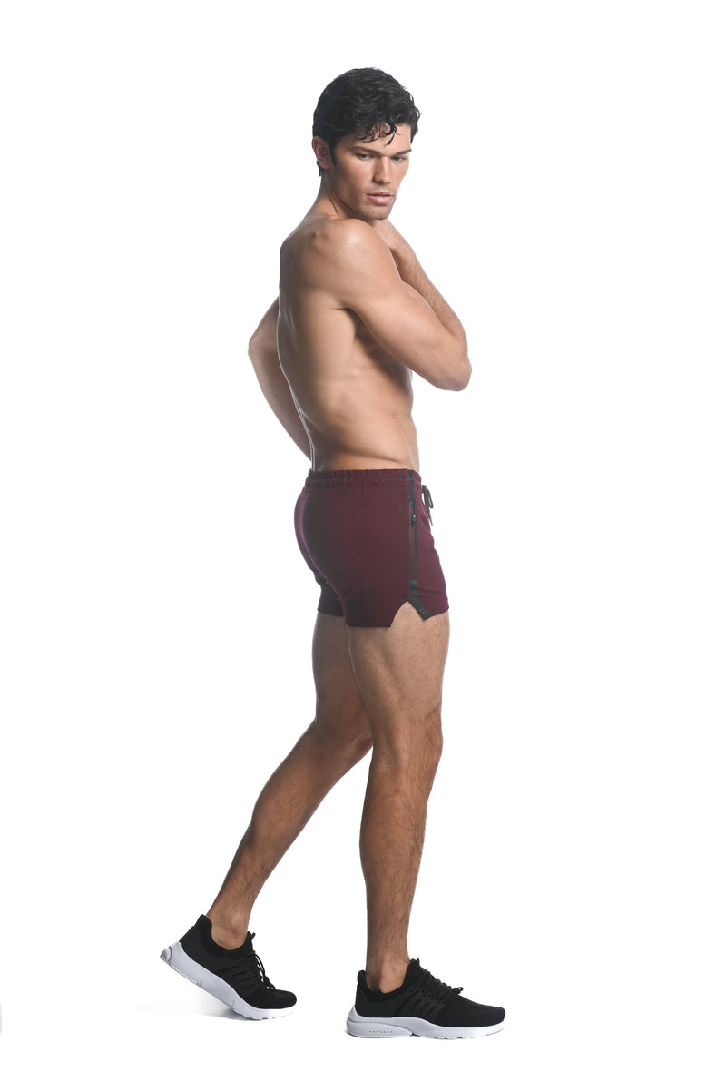CURRANT RED ALPHA 3.5" INSEAM STRETCH GYM SHORTS W/ HEAT WELD ZIPPERS