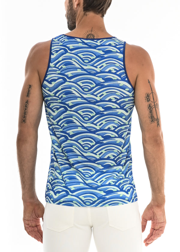 BLUE/OCEAN WAVES TANK TOP W/SIDE STRIPES ST-11056