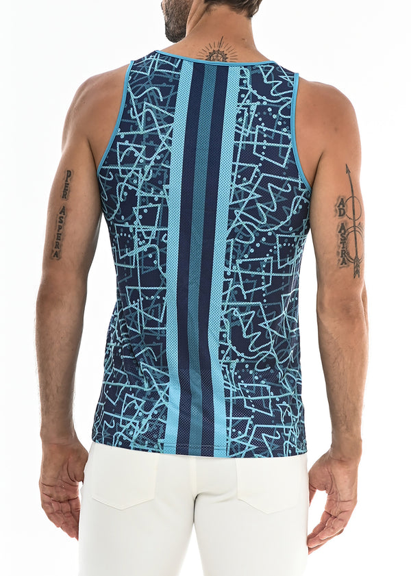 NAVY/TURQUOISE SCRIBBLE TANK TOP W/BACK STRIPE ST-11058