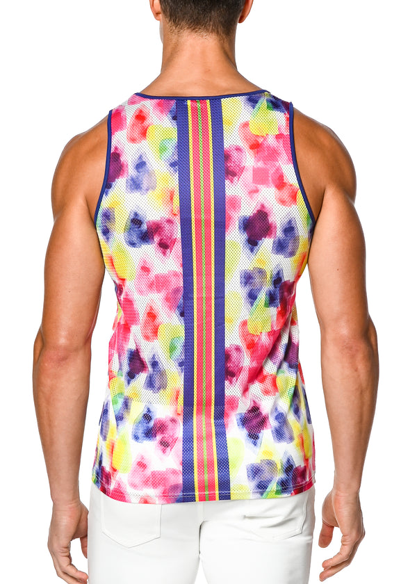 RAINBOW PAPER HEARTS PRINTED MESH TANK TOP W/BACK STRIPE ST-11062