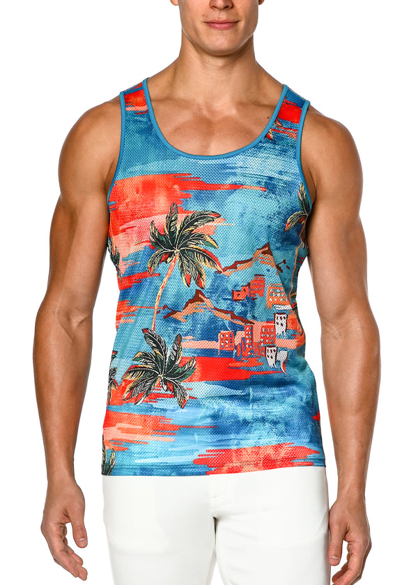 TURQUOISE/ORANGE PALM TREES PRINTED MESH TANK TOP ST-11066