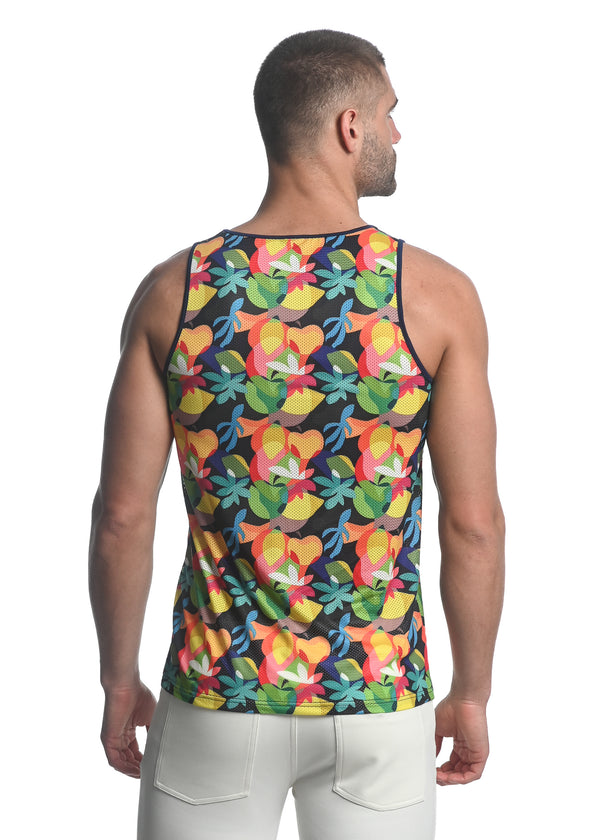 RAINBOW ABSTRACT TROPICS PRINTED STRETCH MESH SINGLET ST-11084