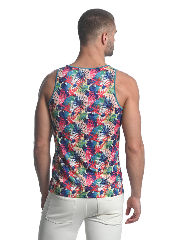 TEAL / FUCHSIA TROPICS PRINTED STRETCH MESH SINGLET ST-11085