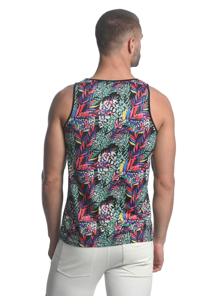 RAINBOW JUNGLE ABSTRACT PRINTED STRETCH MESH SINGLET ST-11087