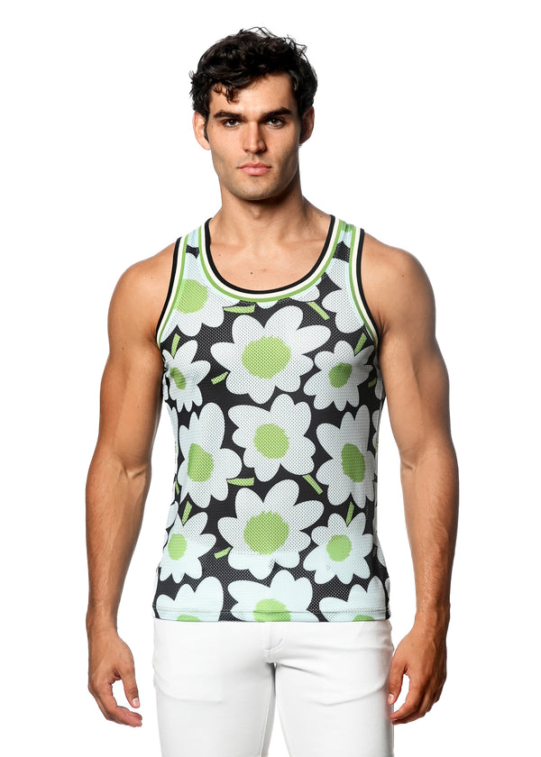 CITRUS/BLACK FLORAL PRINTED STRETCH MESH SINGLET ST-11091