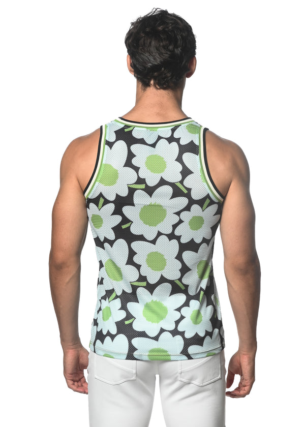 CITRUS/BLACK FLORAL PRINTED STRETCH MESH SINGLET ST-11091