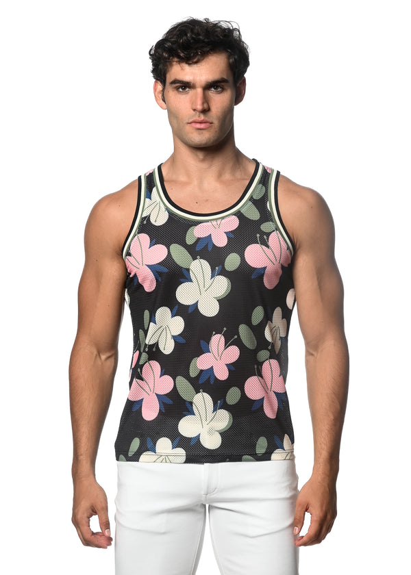 NAVY/BLUSH FLORAL PRINTED STRETCH MESH SINGLET ST-11093