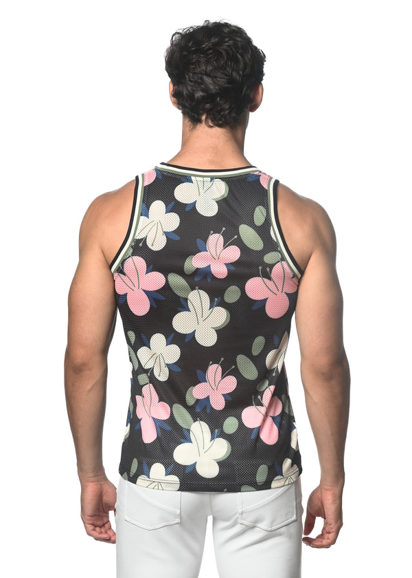 NAVY/BLUSH FLORAL PRINTED STRETCH MESH SINGLET ST-11093