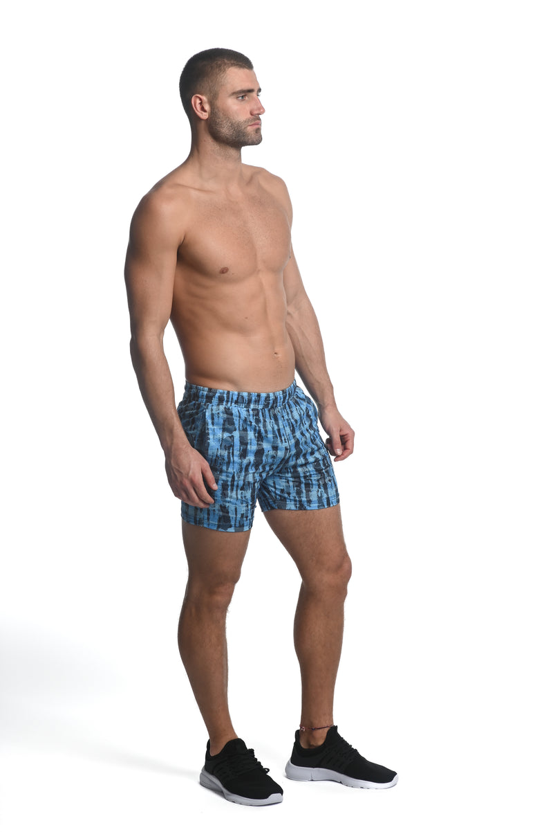 NAVY/ SKY ABSTRACT PRINTED STRETCH MESH PERFORMANCE SHORTS  ST-1466-86