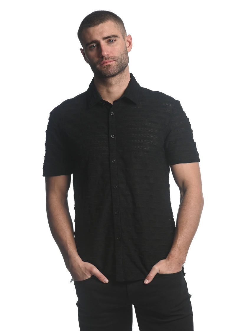 BLACK VERTICAL DROPS STRETCH KNIT GOSSAMER SHORT SLEEVE SHIRT  ST-24024