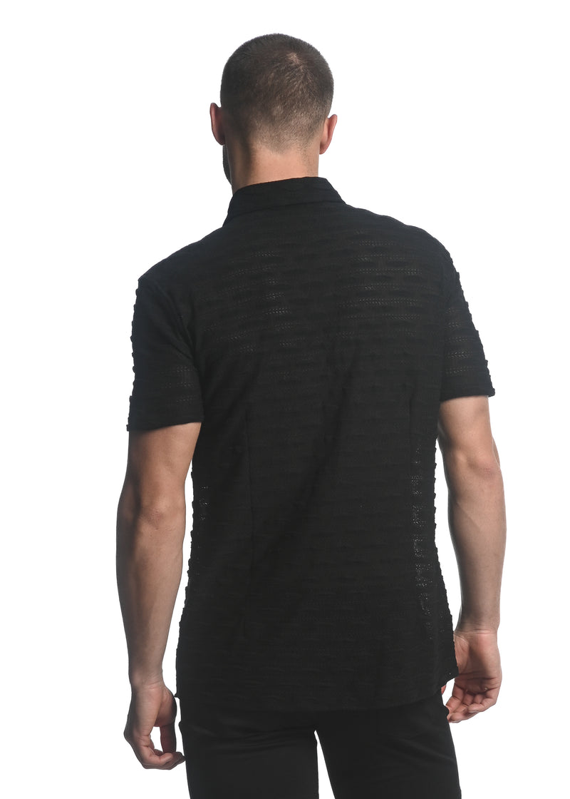 BLACK VERTICAL DROPS STRETCH KNIT GOSSAMER SHORT SLEEVE SHIRT  ST-24024