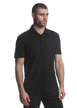 BLACK VERTICAL DROPS STRETCH KNIT GOSSAMER SHORT SLEEVE SHIRT  ST-24024