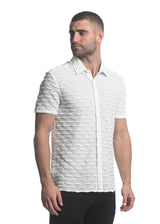 WHITE VERTICAL DROPS STRETCH KNIT GOSSAMER SHORT SLEEVE SHIRT ST-24024