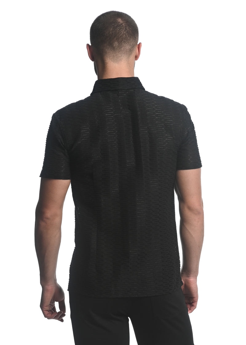 BLACK MAZE HEX STRETCH KNIT GOSSAMER SHORT SLEEVE SHIRT ST-24025