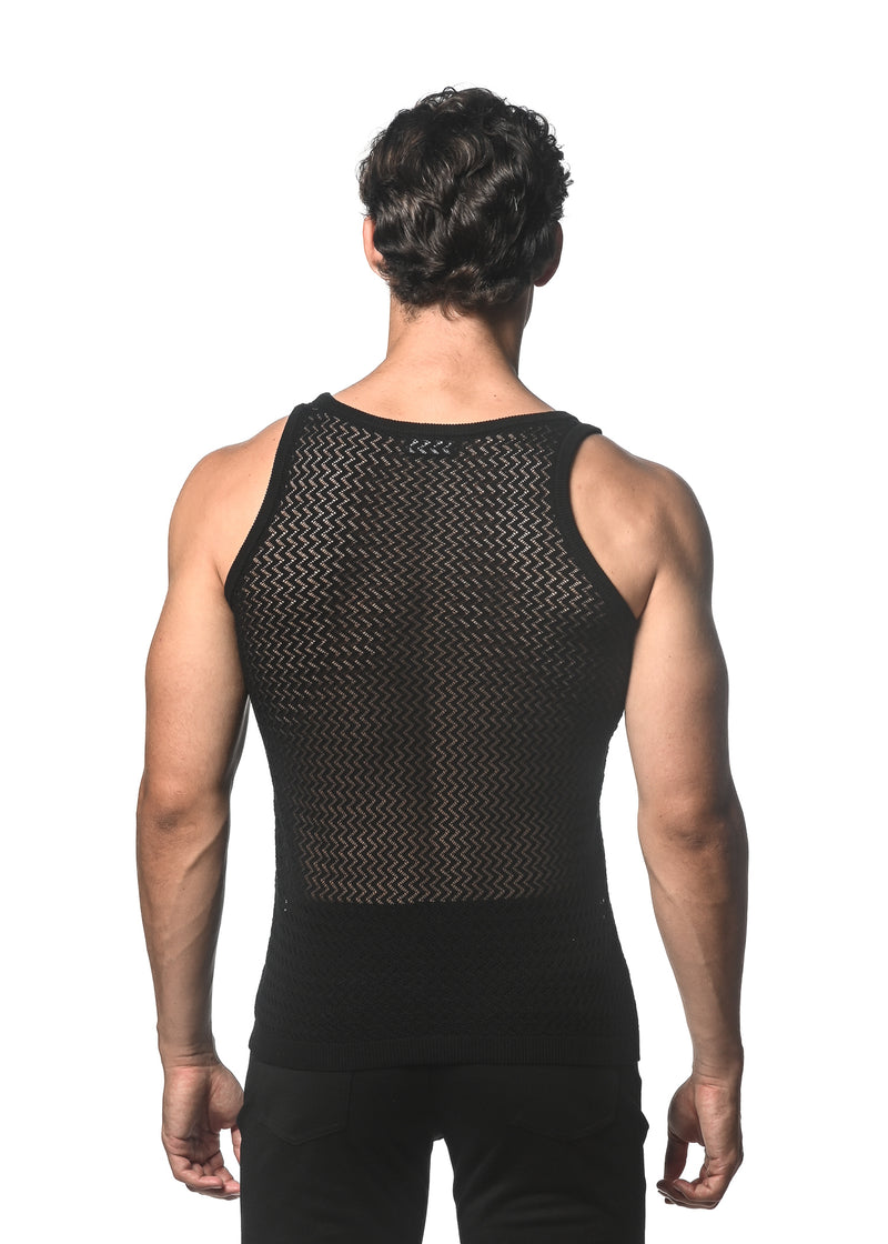 BLACK CHEVRON TEXTURED OPEN MESH KNITTED TANK ST-24034