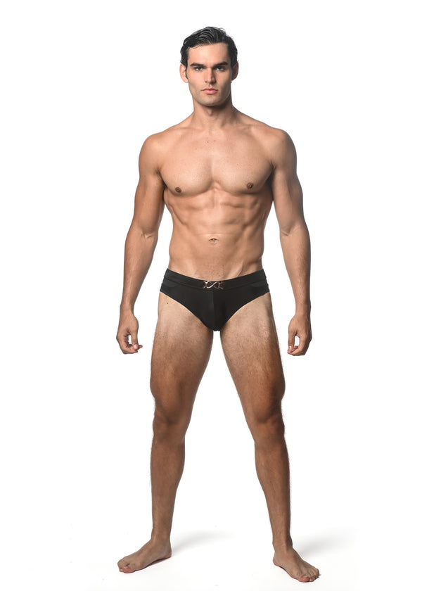 BLACK SOLID SWIM BRIEF W/ FRONT BUCKLE ST-8021