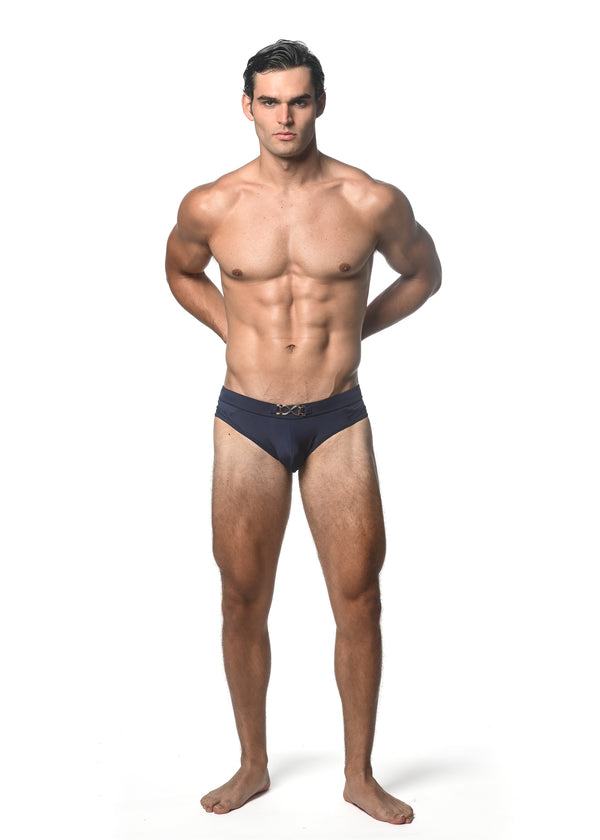 NAVY SOLID SWIM BRIEF W/ FRONT BUCKLE ST-8021