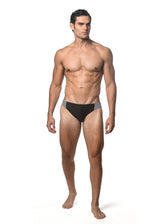 BLACK SOLID SWIM BRIEF W/ SIDE STRIPES AND BUCKLE ST-8023