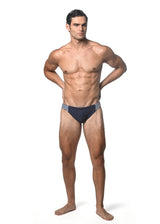 NAVY SOLID SWIM BRIEF W/ SIDE STRIPES AND BUCKLE ST-8023