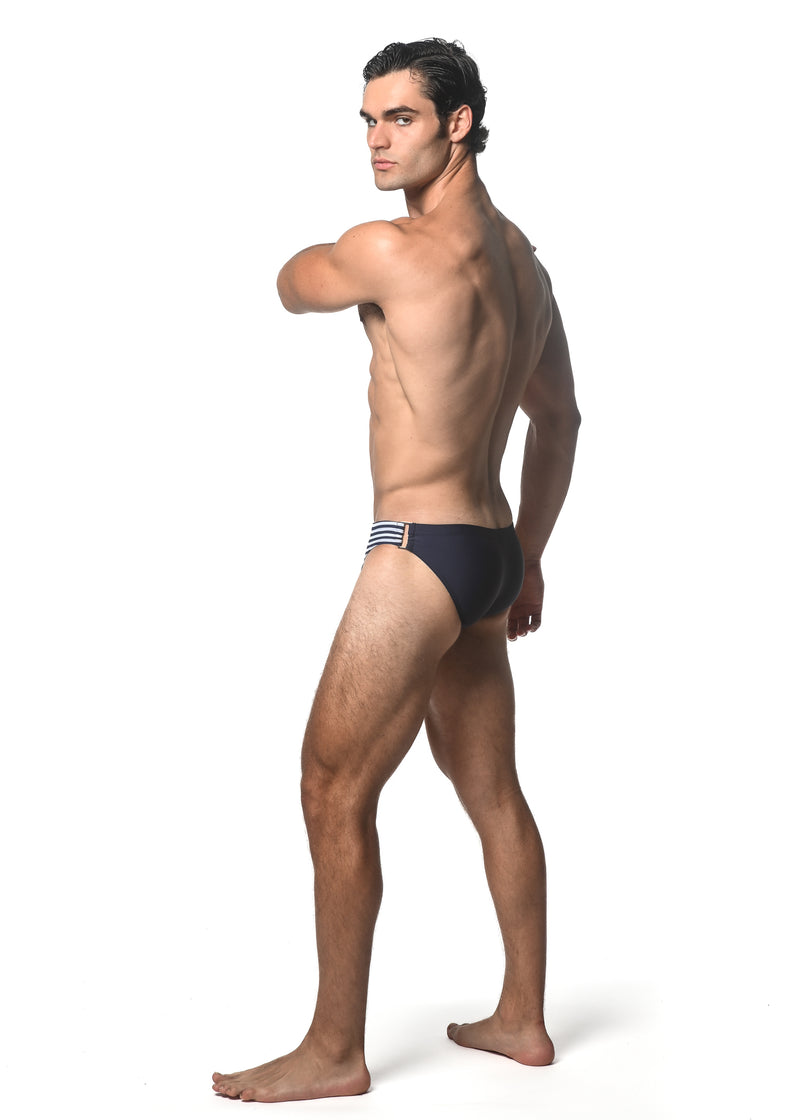 NAVY SOLID SWIM BRIEF W/ SIDE STRIPES AND BUCKLE ST-8023